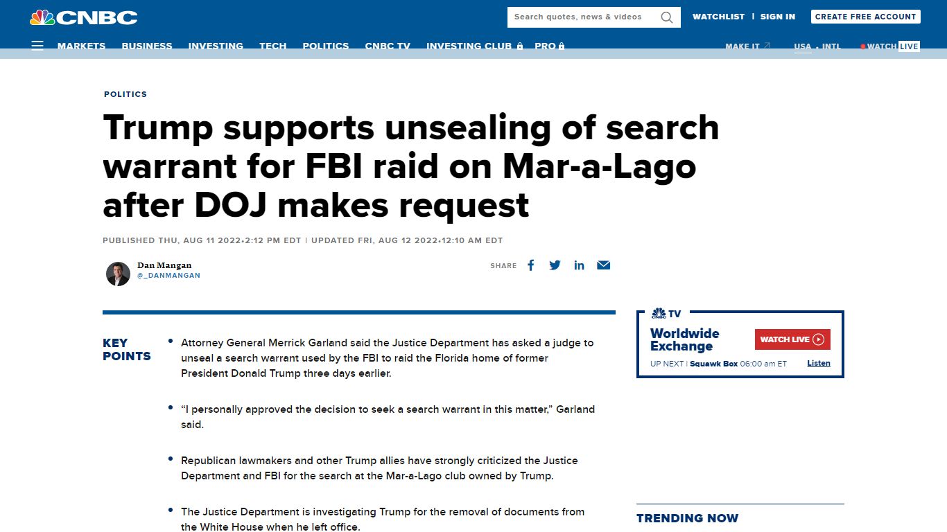 Trump search warrant: DOJ, former president ask for unsealing of FBI ...